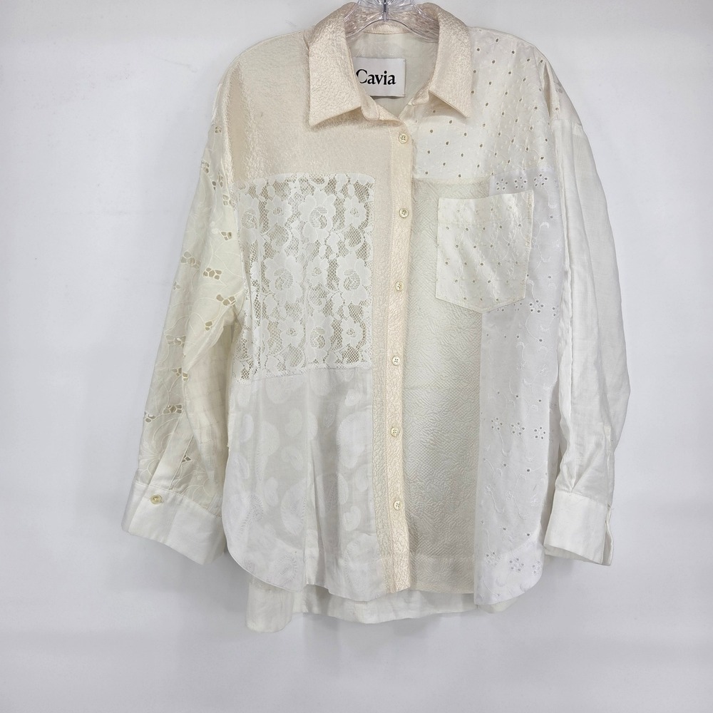 Cavia Patchwork Button Up Shirt Medium White Lace Eyelet Upcycled Eclectic Boho